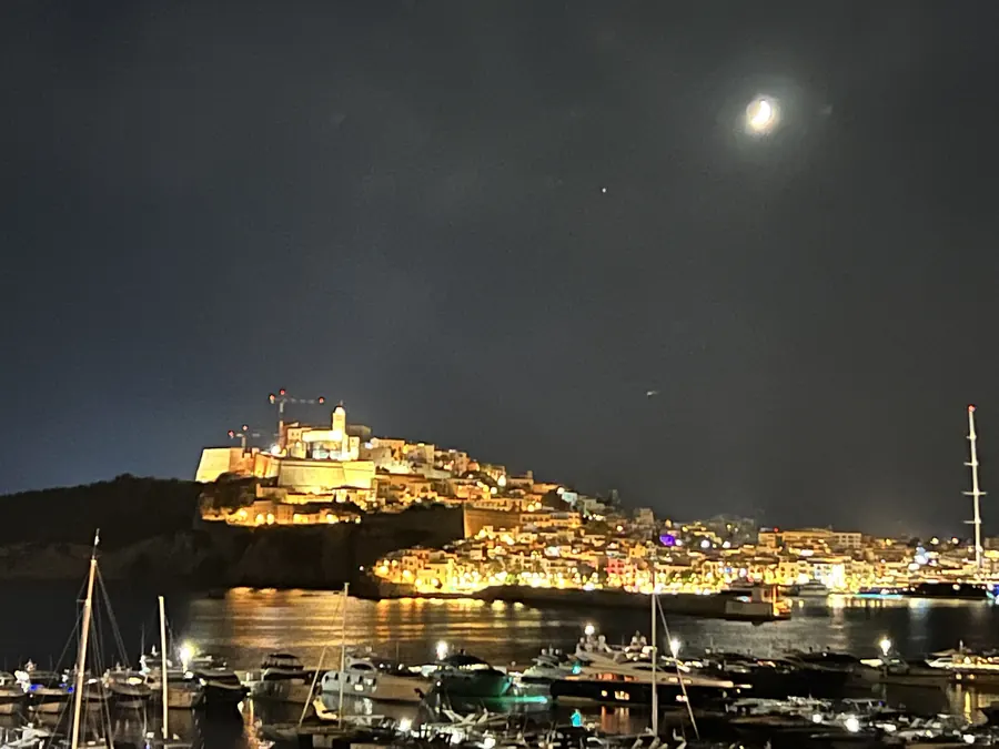 Dalt Vila and marina at night with moon